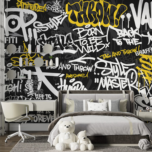 Fototapet Graffiti galben pe un fundal negru (SKU: u98895) Fototapet Fototapet Graffiti galben pe un fundal negru (SKU: u98895)