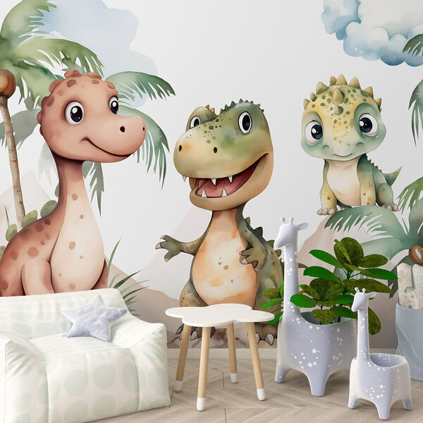 Grup de dinozauri în picioare pe stânci Fototapet Grup de dinozauri în picioare pe stânci