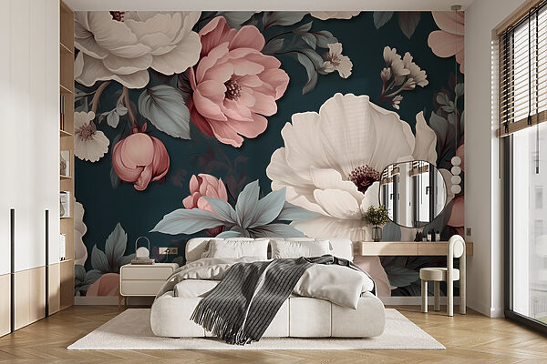 Model floral cu flori albe și roz Fototapet Model floral cu flori albe și roz