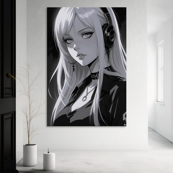 Femeie cu păr lung și blond care poartă căști Tablouri Femeie cu păr lung și blond care poartă căști