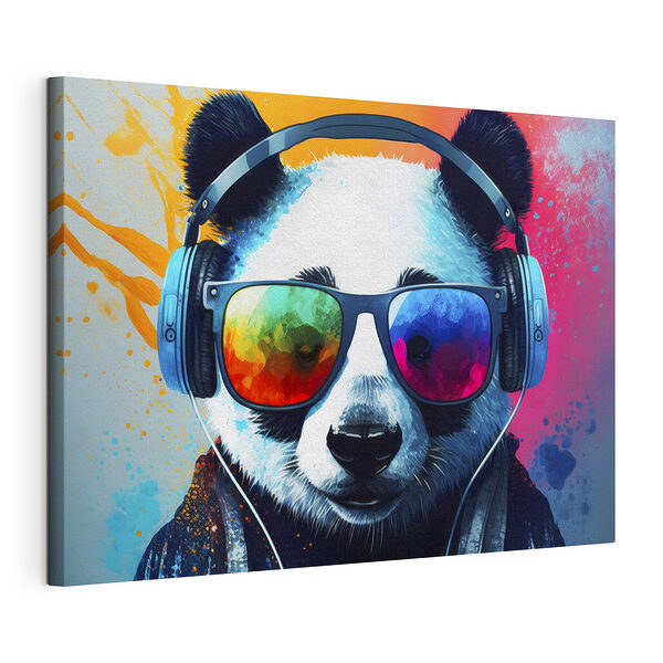 Panda care poartă căști și ochelari de soare Tablou pe pânză Panda care poartă căști și ochelari de soare