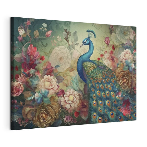 Păun elegant printre flori vibrante Tablou pe pânză Păun elegant printre flori vibrante