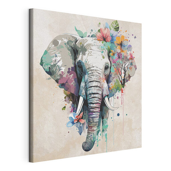 Tablou pe pânză Elefant înconjurat de flori colorate