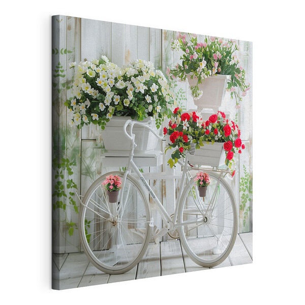 Bicicletă cu flori în coșuri Tablou pe pânză Bicicletă cu flori în coșuri