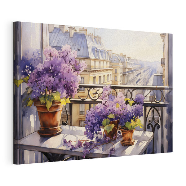 Pictura acuarelă a unui balcon cu flori mov Tablou pe pânză Pictura acuarelă a unui balcon cu flori mov