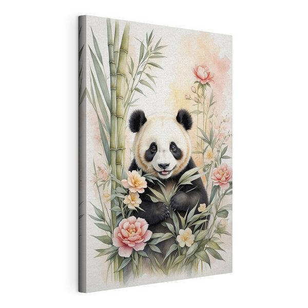 Urs panda cu flori și bambus Tablou pe pânză Urs panda cu flori și bambus