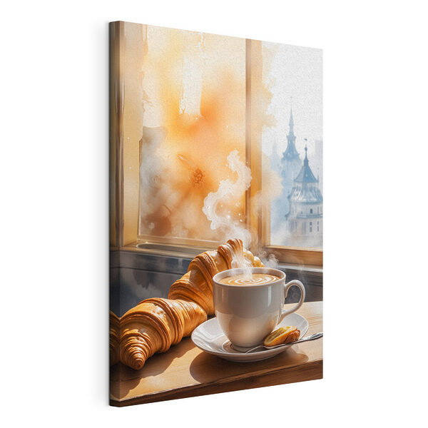 Tablou pe pânză Ceașcă de cafea și croissante pe o masă