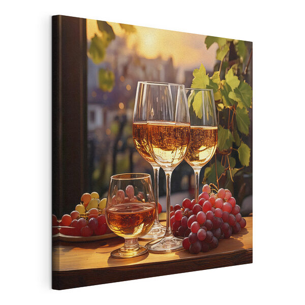 Grup de pahare de vin și struguri pe o masă Tablou pe pânză Grup de pahare de vin și struguri pe o masă