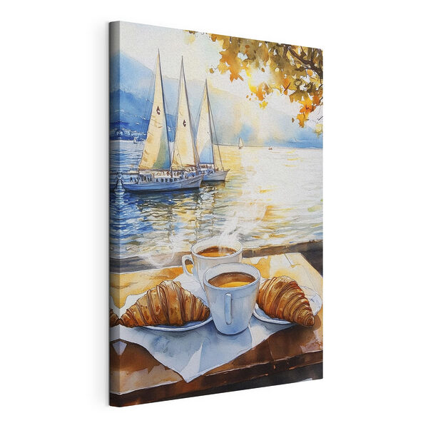 Tablou pe pânză Pictura acuarelă a unei mese cu cafea și croissante