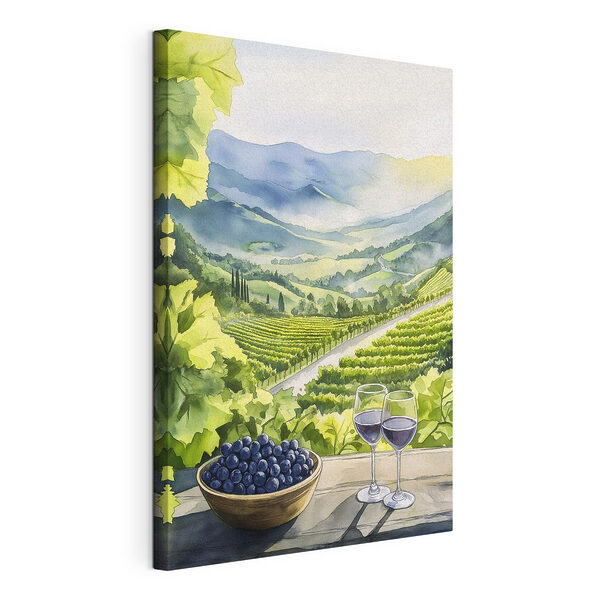 Tablou pe pânză Pictură de pahare de vin și struguri pe o masă în fața unei podgorii