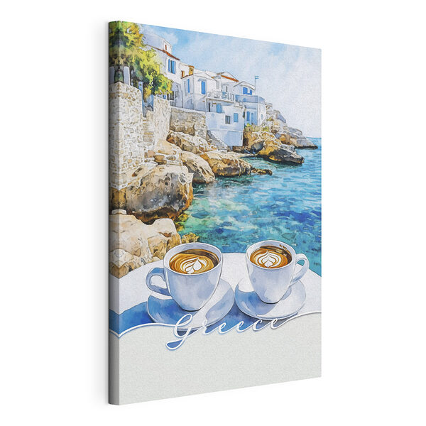 Două cești de cafea pe o masă lângă apă Tablou pe pânză Două cești de cafea pe o masă lângă apă