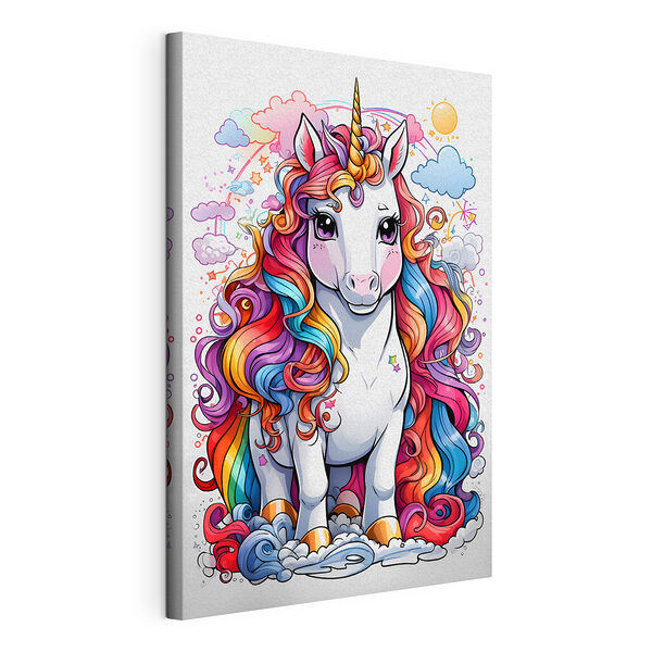 Desen animat al unui unicorn cu păr curcubeu Tablou pe pânză Desen animat al unui unicorn cu păr curcubeu