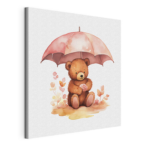 Tablou pe pânză Ursuleț de pluș care ține o floare sub o umbrelă