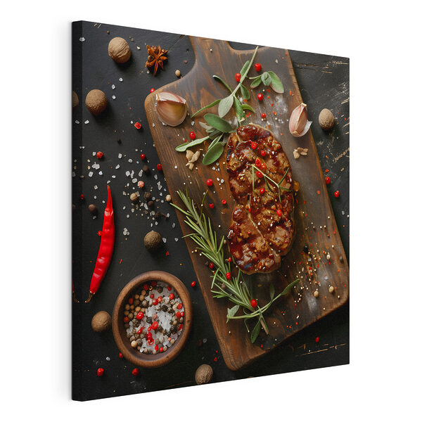 Tablou pe pânză Bucată de carne cu mirodenii și ierburi pe o placă de tăiere