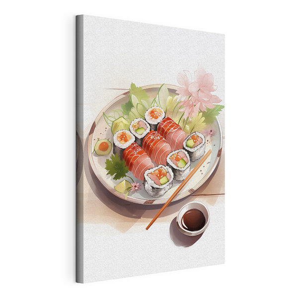 Tablou pe pânză Farfurie de sushi cu sos și flori