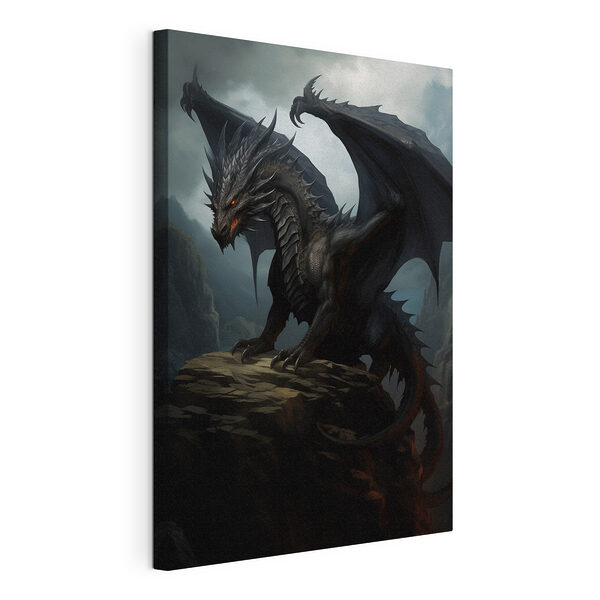 Tablou pe pânză Dragon negru pe o stâncă