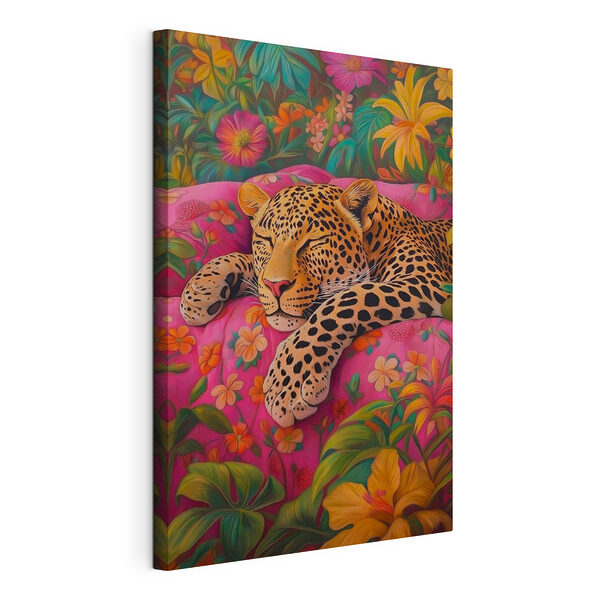 Tablou pe pânză Leopard dormind pe o canapea roz
