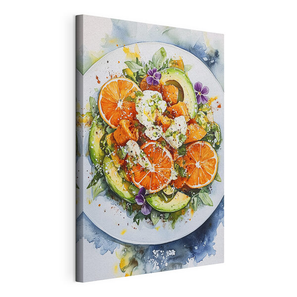Farfurie de mâncare cu portocale și avocado Tablou pe pânză Farfurie de mâncare cu portocale și avocado