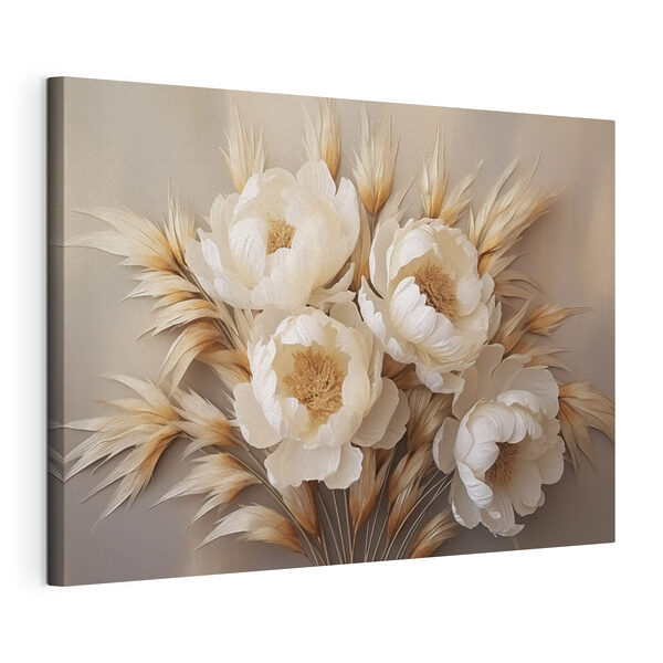 Buchet de flori albe și frunze maro Tablou pe pânză Buchet de flori albe și frunze maro
