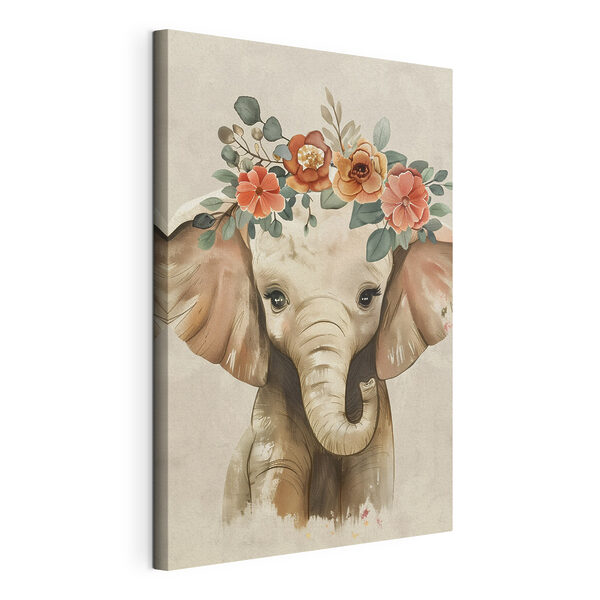 Pui de elefant cu flori pe cap Tablou pe pânză Pui de elefant cu flori pe cap