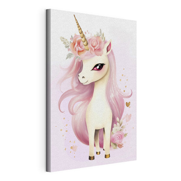 Unicorn cu păr roz și flori Tablou pe pânză Unicorn cu păr roz și flori