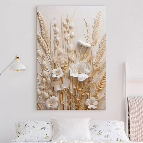 Buchet de flori albe și grâu maro Tablou pe pânză Buchet de flori albe și grâu maro