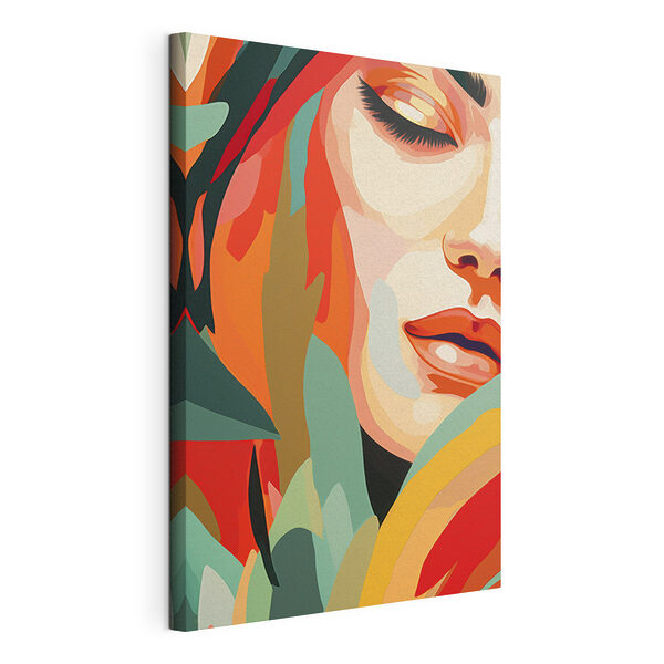 Tablou pe pânză Tablou pe pânză Fața femeii cu frunze colorate (SKU: s40815)