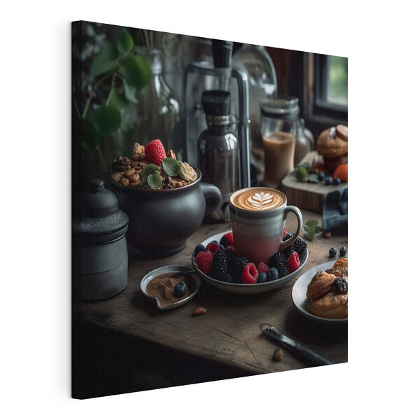 Tablou pe pânză Ceașcă de cafea cu un latte art pe o farfurie cu fructe și cereale