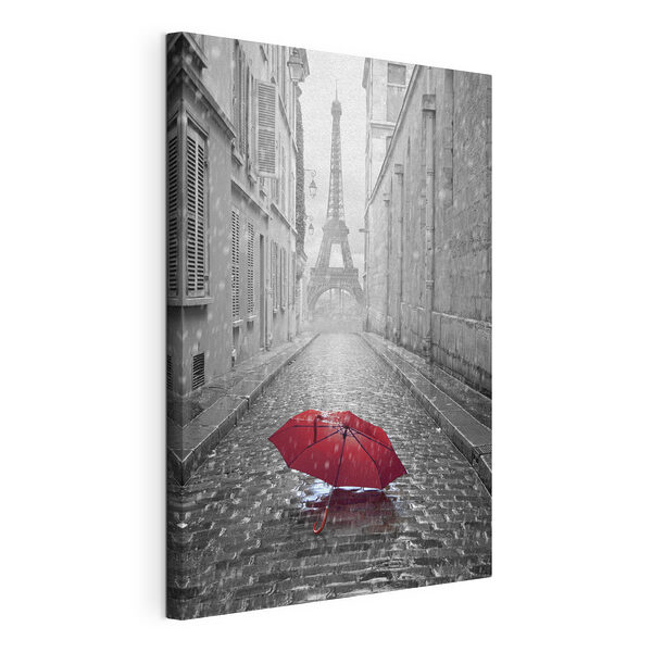 Tablou pe pânză Umbrelă roșie pe o stradă umedă din Paris