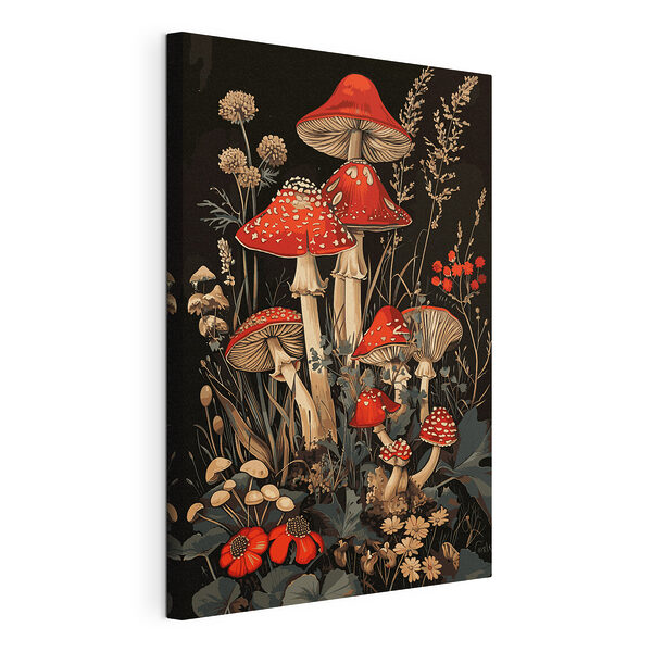 Ciuperci cu cap roșu în decor floral Tablou pe pânză Ciuperci cu cap roșu în decor floral