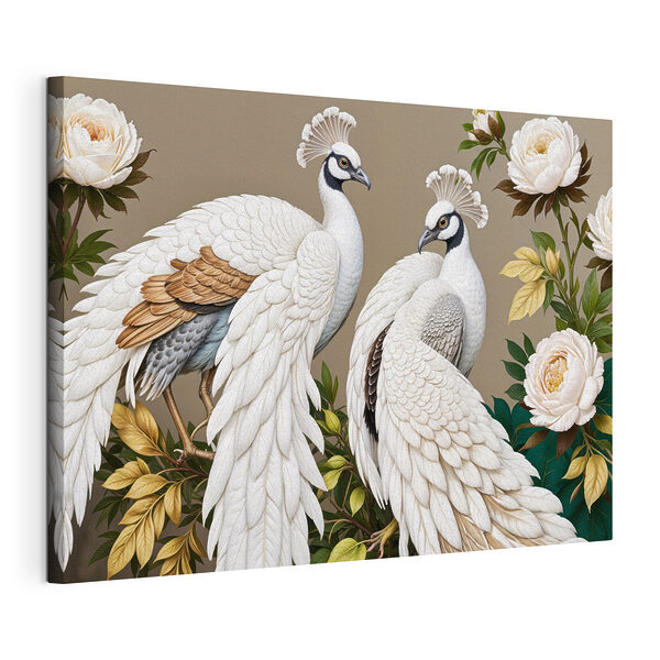 Tablou pe pânză Tablou pe pânză Cuplu de păuni albi pe o ramură cu flori (SKU: s40022)