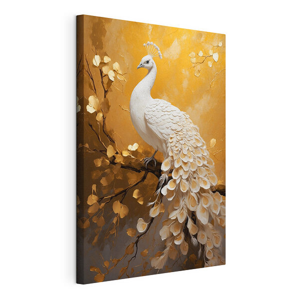 Tablou pe pânză Tablou pe pânză Păun alb cu pene pe o ramură (SKU: s40636)