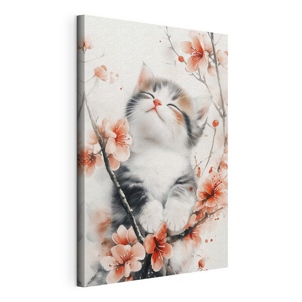 Tablou pe pânză Tablou pe pânză Pisică stând pe un copac cu flori (SKU: s40734)