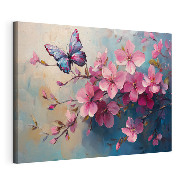 Tablou pe pânză Tablou pe pânză Fluture pe o ramură de flori roz (SKU: s42320)