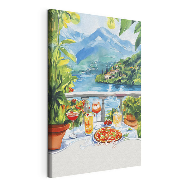 Tablou pe pânză Tablou pe pânză Pictura acuarelă a unei mese cu băuturi și o vedere la un lac (SKU: s42434)
