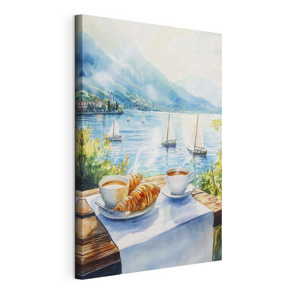 Pictura acuarelă a unei mese cu cafea și croissante pe ea Tablou pe pânză Pictura acuarelă a unei mese cu cafea și croissante pe ea