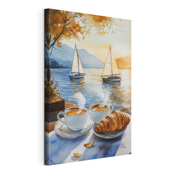 Tablou pe pânză Acuarelă de două cești de cafea și un croissant pe o masă