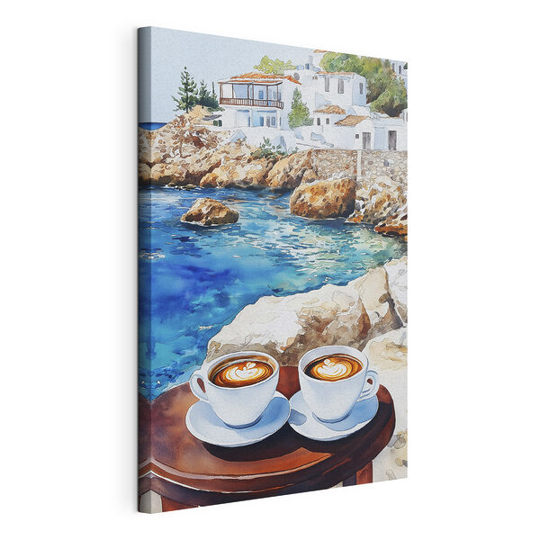Tablou pe pânză Două cești de cafea pe o masă lângă un corp de apă