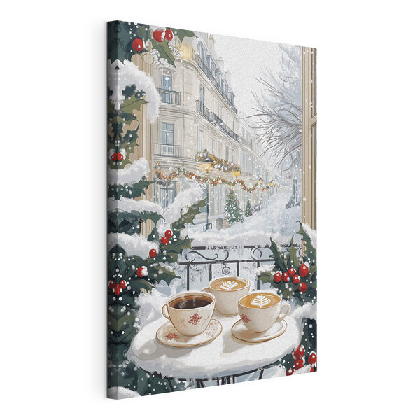 Tablou pe pânză Tablou pe pânză Cuplu de cești de cafea pe un balcon cu zăpadă și clădiri (SKU: s42794)