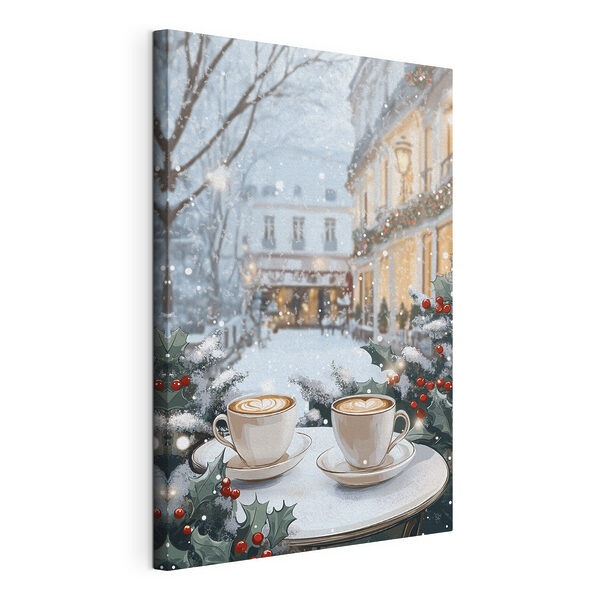 Tablou pe pânză Două cești de cafea pe o masă în fața unei străzi înzăpezite