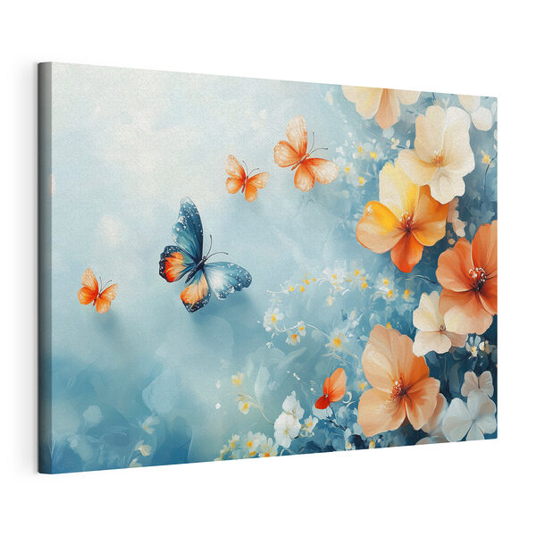 Tablou pe pânză Tablou pe pânză Fluturi și flori pe un fundal albastru (SKU: s42974)