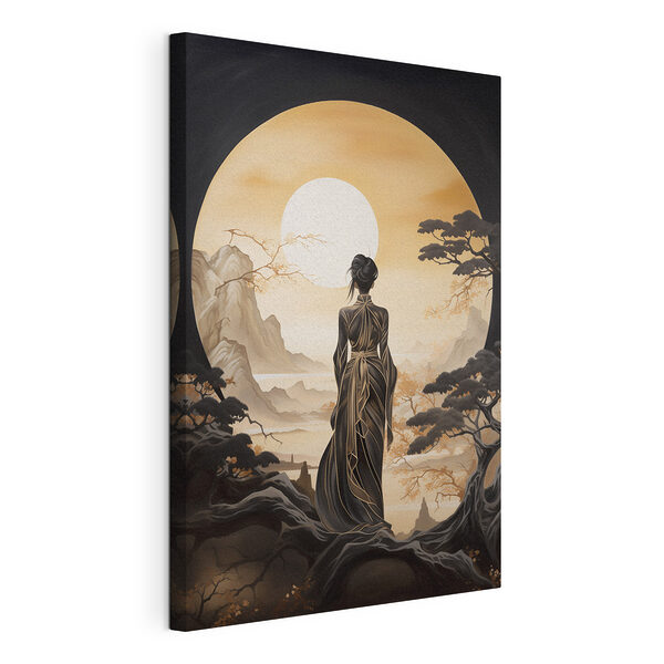 Tablou pe pânză Tablou pe pânză Femeie într-o rochie lungă uitându-se la soare (SKU: s43256)