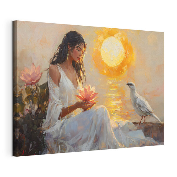 Pictura unei femei care ține o floare și o pasăre Tablou pe pânză Pictura unei femei care ține o floare și o pasăre