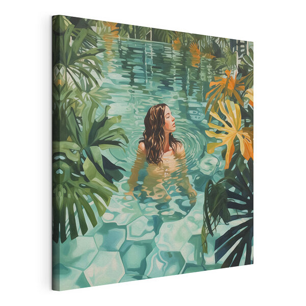 Tablou pe pânză Femeie într-o piscină înconjurată de plante