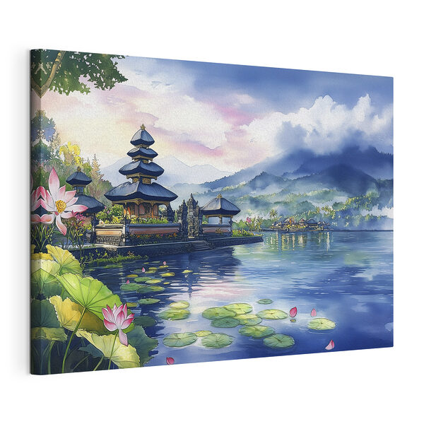 Pictură în acuarelă a unui lac cu o pagodă și nuferi Tablou pe pânză Pictură în acuarelă a unui lac cu o pagodă și nuferi