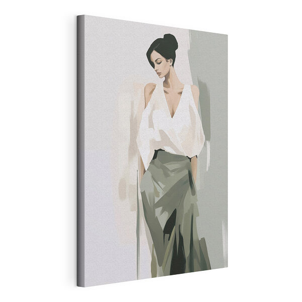 Tablou pe pânză O femeie îmbrăcată cu o cămașă albă și o fustă verde (SKU: s47798) Tablou pe pânză Tablou pe pânză O femeie îmbrăcată cu o cămașă albă și o fustă verde (SKU: s47798)