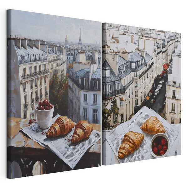 Tablou modular pe pânză Tablou reprezentând un oraș, cu un croissant și o ceașcă cu fructe