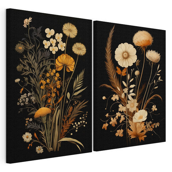 Tablou modular pe pânză Ilustrații botanice pline de fantezie pe fond negru
