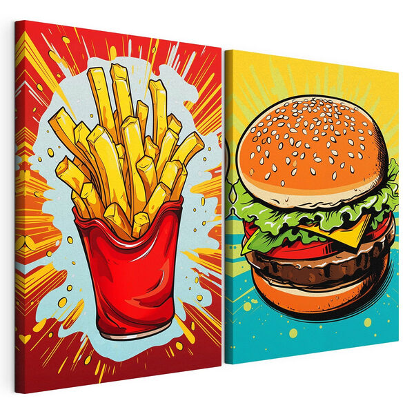 Burger și cartofi prăjiți într-o pungă roșie Tablou modular pe pânză Burger și cartofi prăjiți într-o pungă roșie