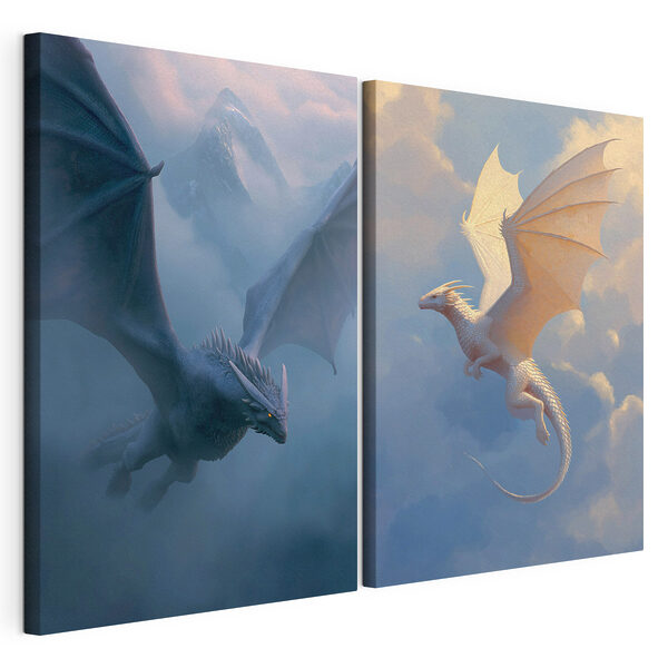 Tablou modular pe pânză Colaj cu dragoni zburând pe cer
